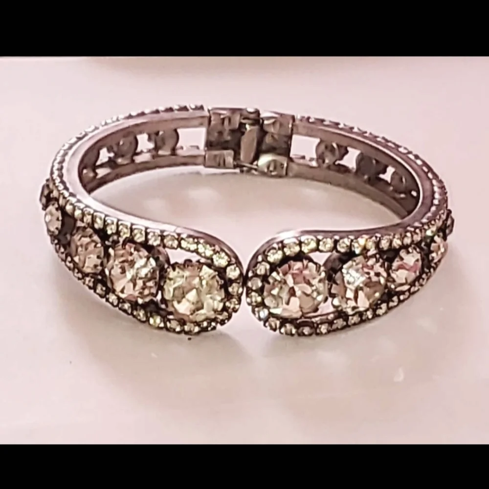 Vintage Early Century Silver Tone & Crystal Chunky Bracelet Hinged
